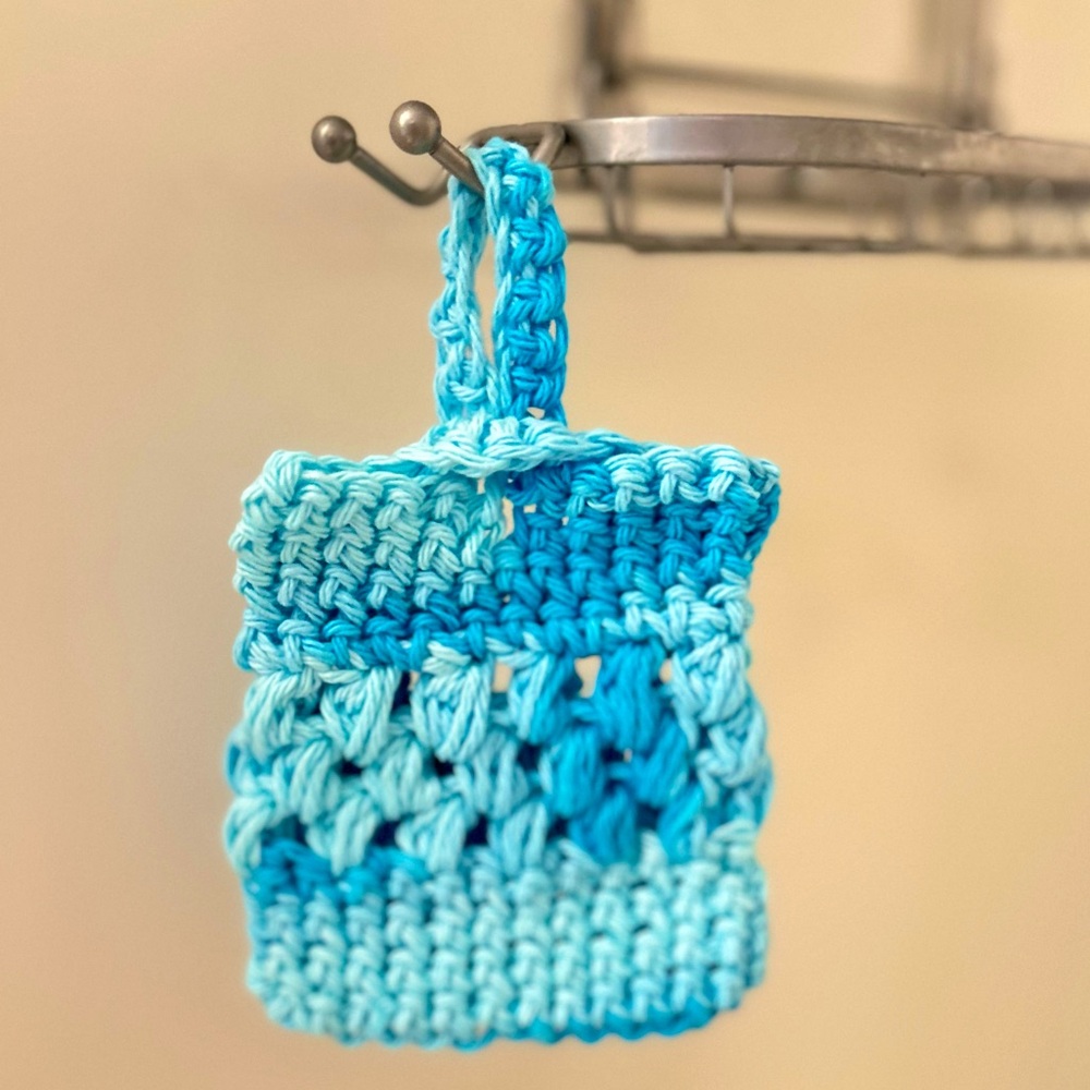 HAND CRAFTED Crochet Soap Saver Bag Blue 100% Cotton Bath Exfoliating Essential